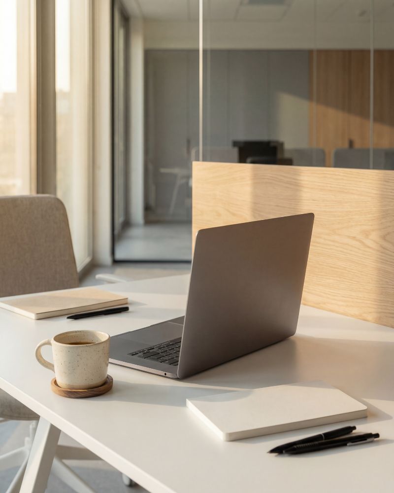 Office manager freelance - espace de travail minimaliste avec oridnateur et tasse de thé